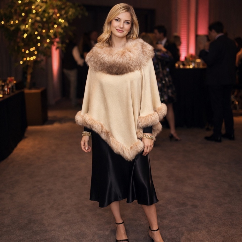 🌻NEW w/tag JAYLEY Oatmeal Faux Fur Trim Poncho One Size